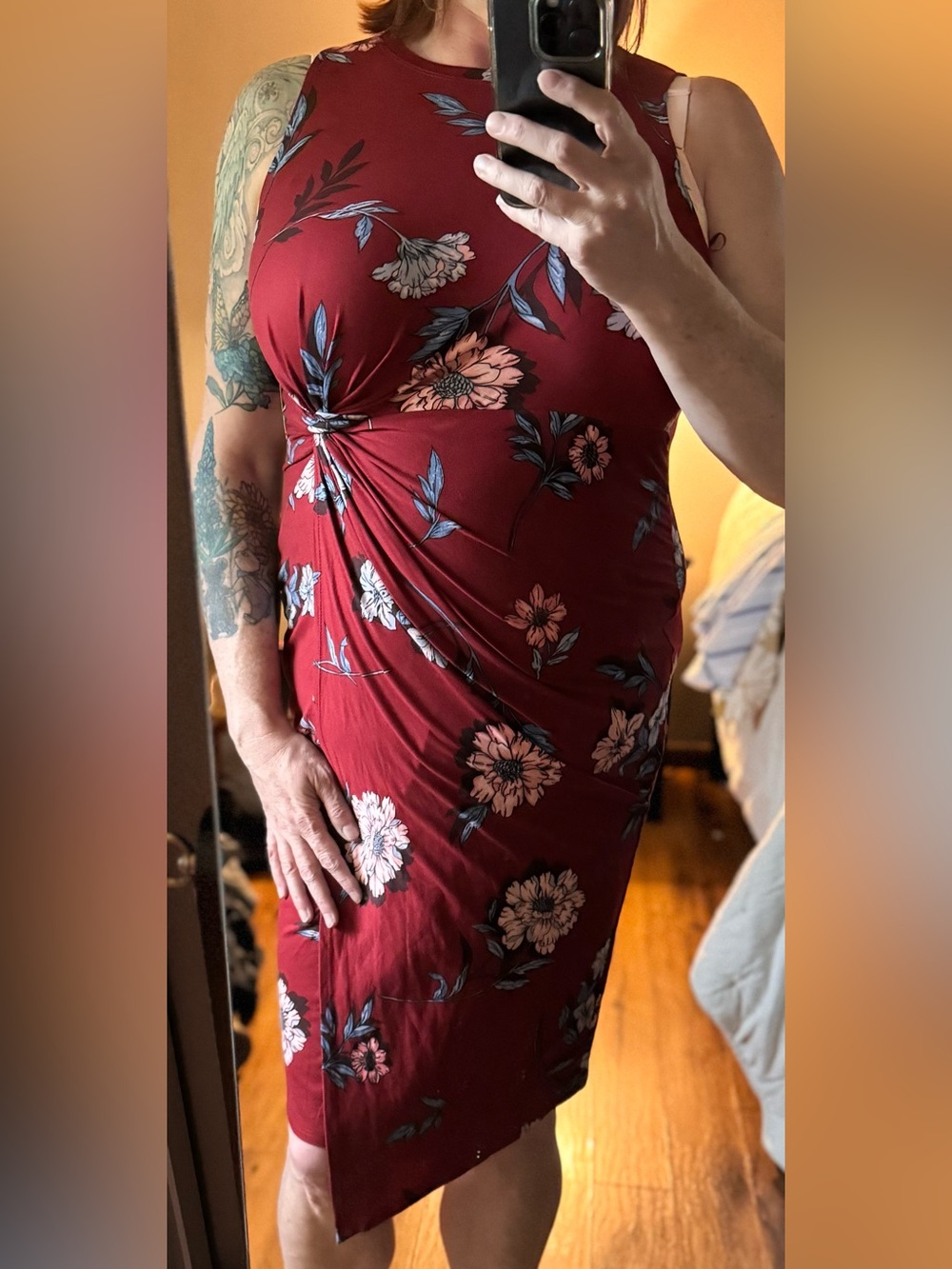 nine britton Red Floral Midi Dress with Twist Detail
